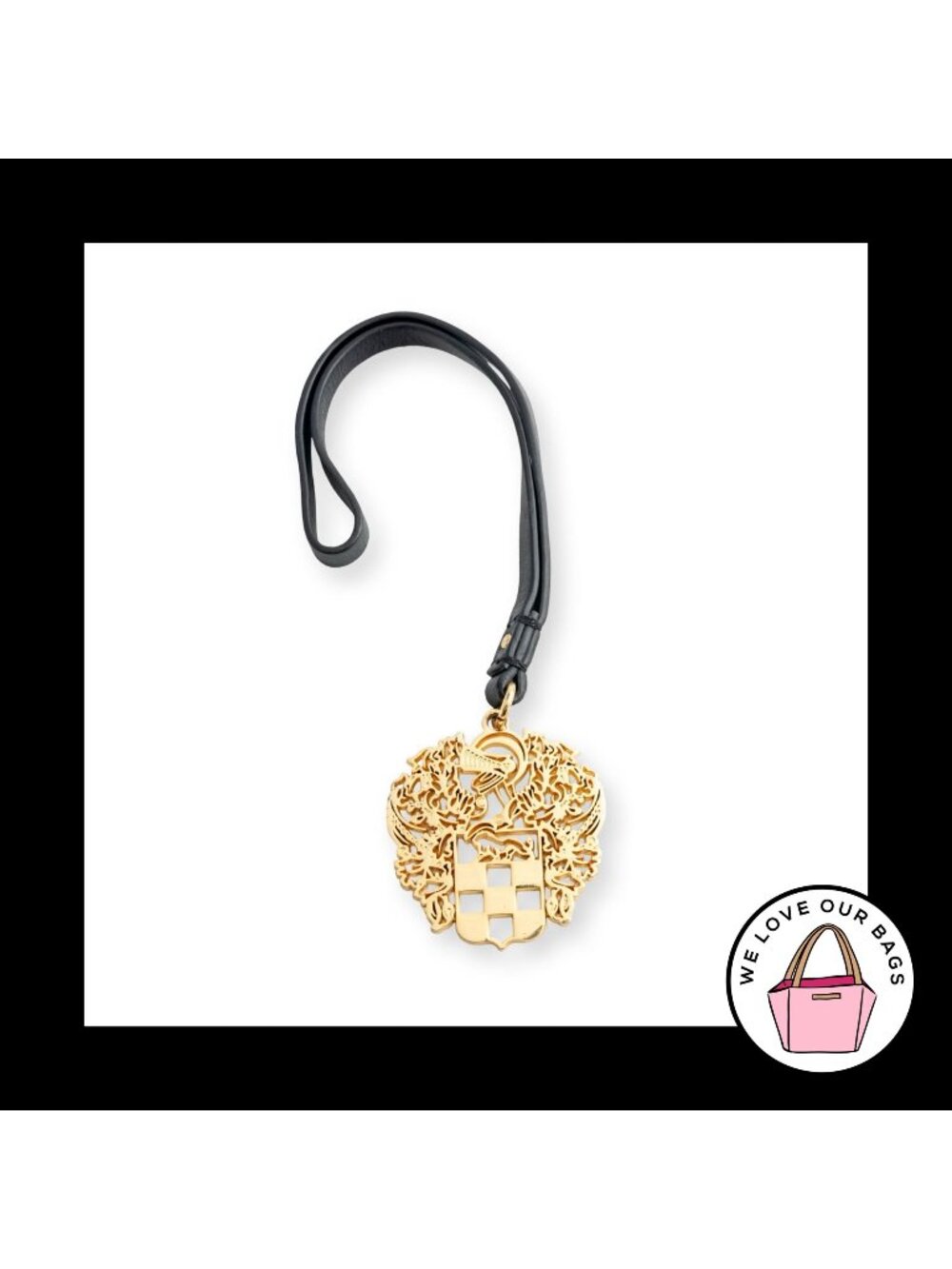 VINCE CAMUTO Gold Brass Black Leather Strap Bag Charm Hang Tag Keychain Fob